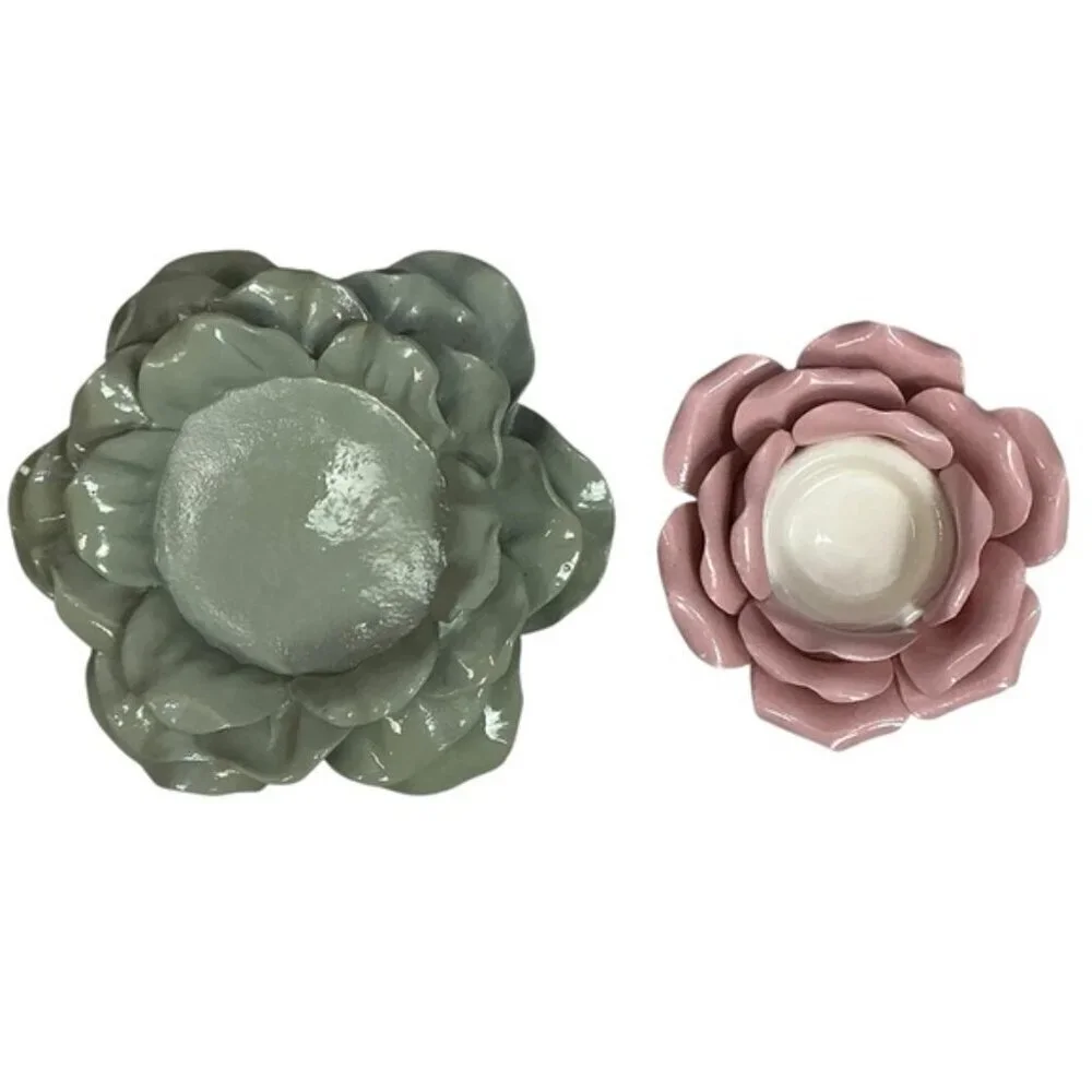 Artisan Ceramic Floral Candle Holders Green Pink Vintage Set of 2 NWOT